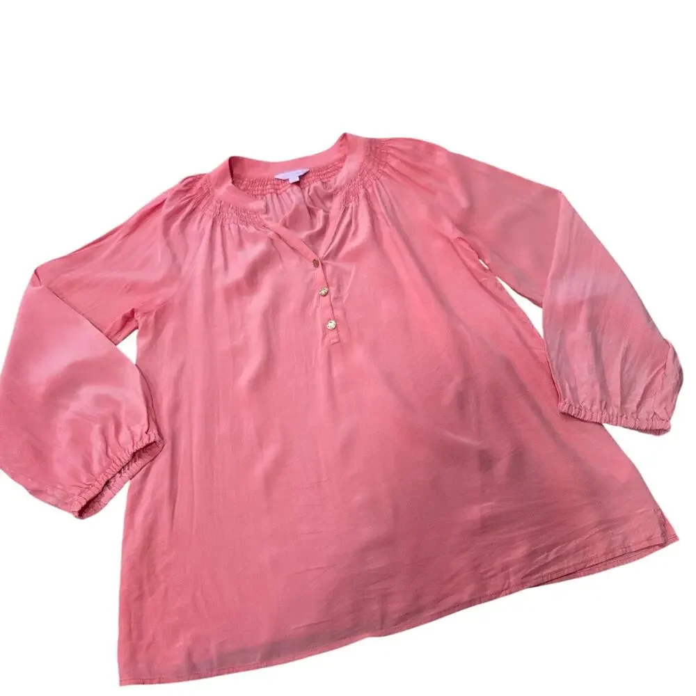 Lilly Pullitzer Elsa Silk Top Women's Blouse Vneck Elastic Cuffs Size Medium - Picture 1 of 11